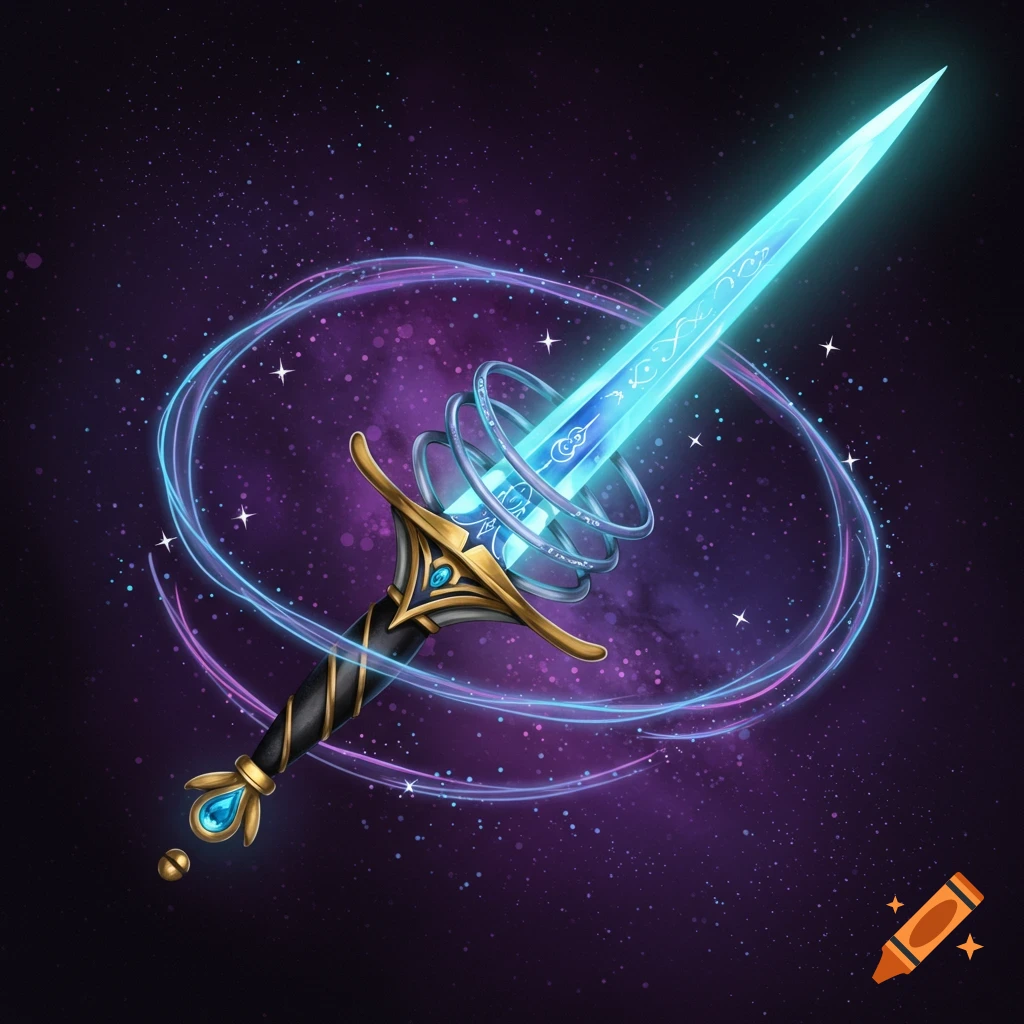 A glowing magical rapier floats in a starry purple and black space background, with swirling blue light.