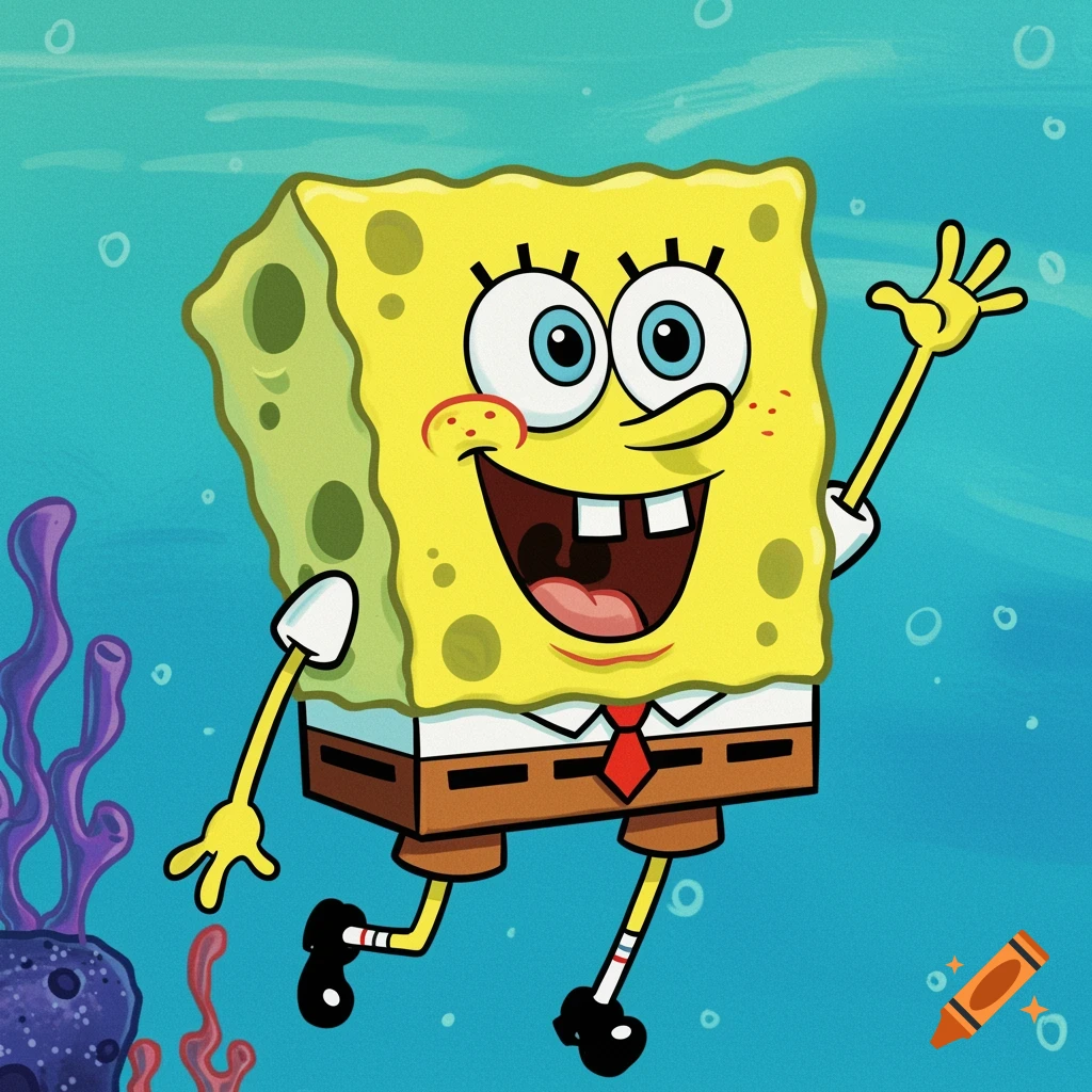 Cartoon of SpongeBob SquarePants waving underwater