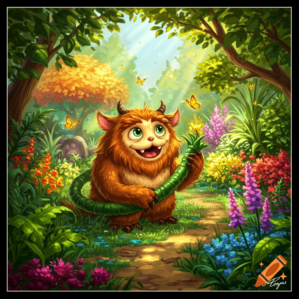 A friendly furry orange monster with horns sits in a colorful fantasy garden, holding a long green plant.