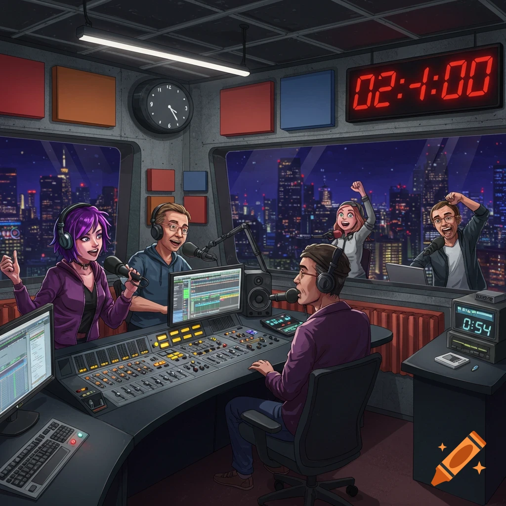 People in a radio station studio at night.