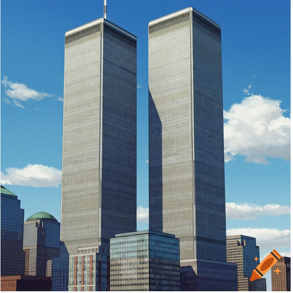 The World Trade Center twin towers stand tall against a blue sky with clouds, with other buildings below.