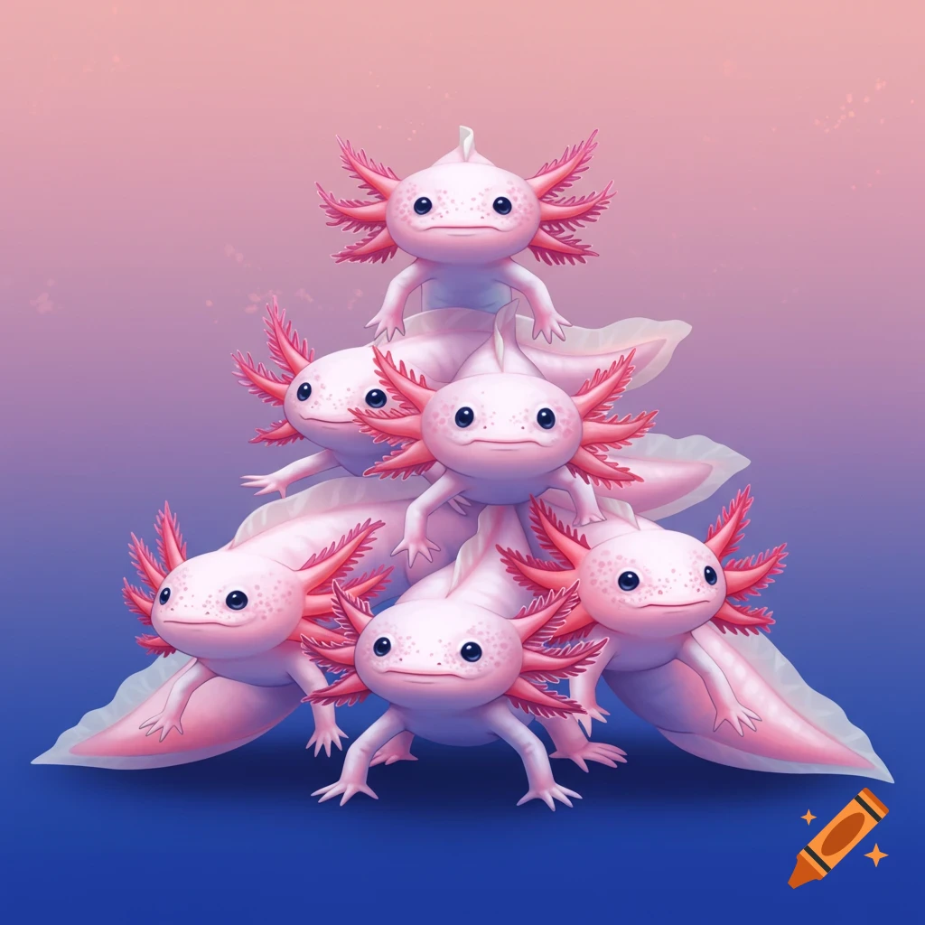 A pyramid of six pink axolotls on a blue and pink gradient background.