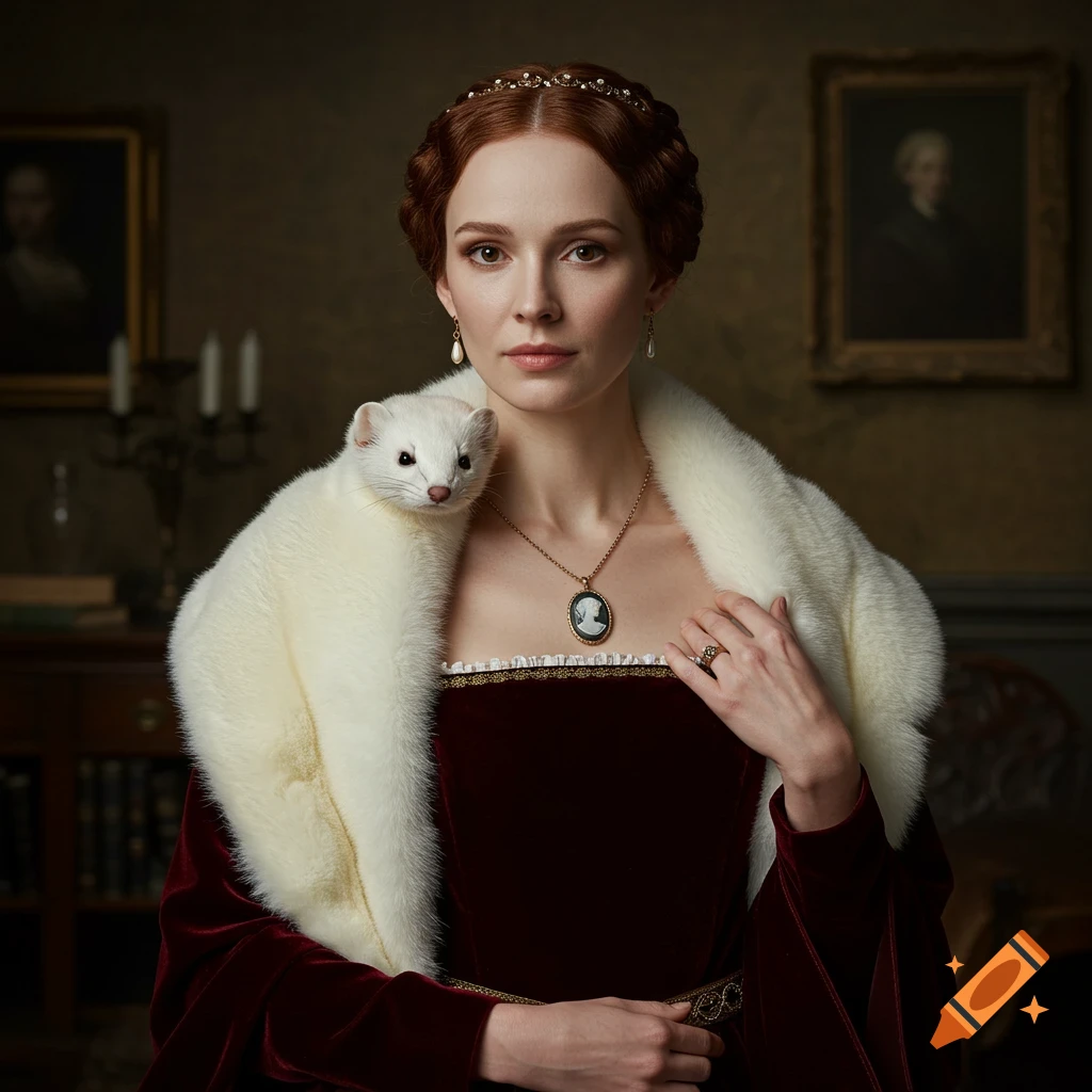 Regal woman in deep red 15th century dress with a white ermine draped over her shoulders.