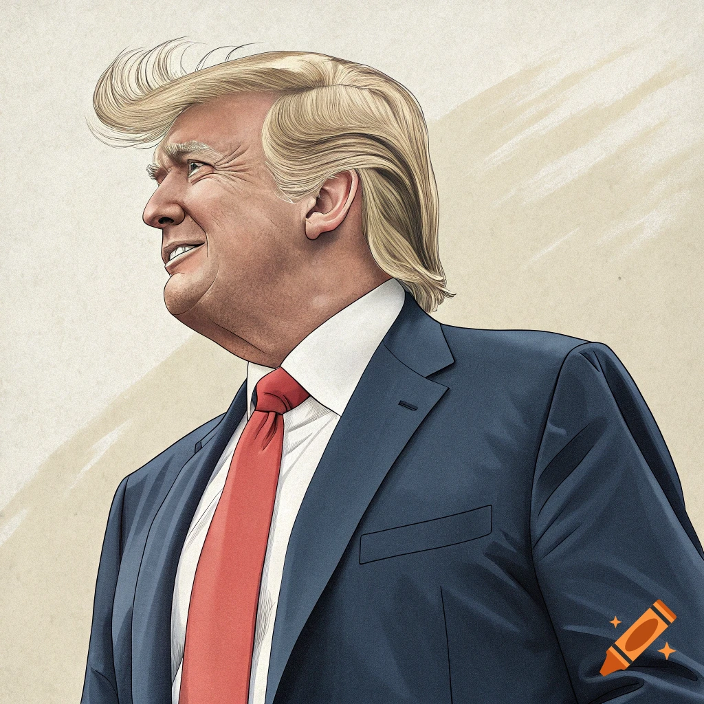 Illustration of Donald Trump in a suit, looking left and smiling.