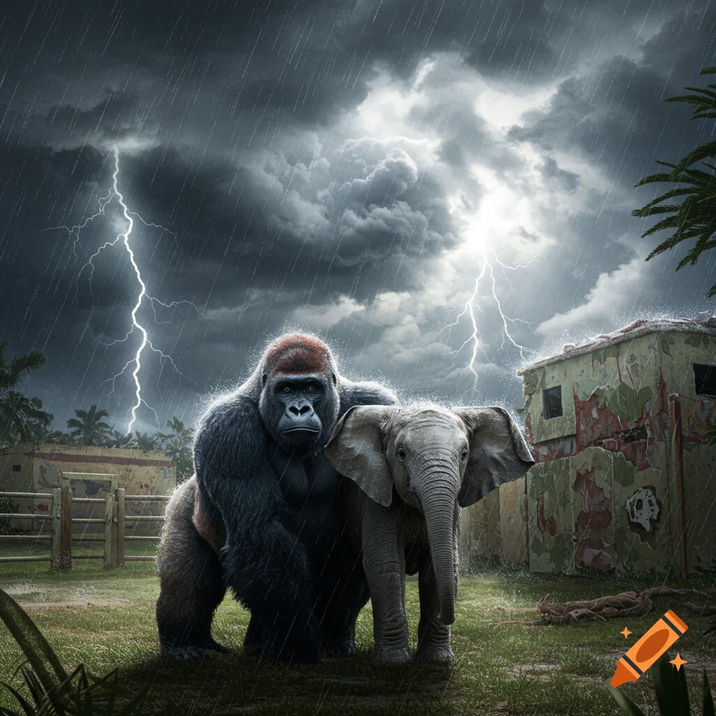 A gorilla and baby elephant standing together in the rain during a thunderstorm at an animal sanctuary.