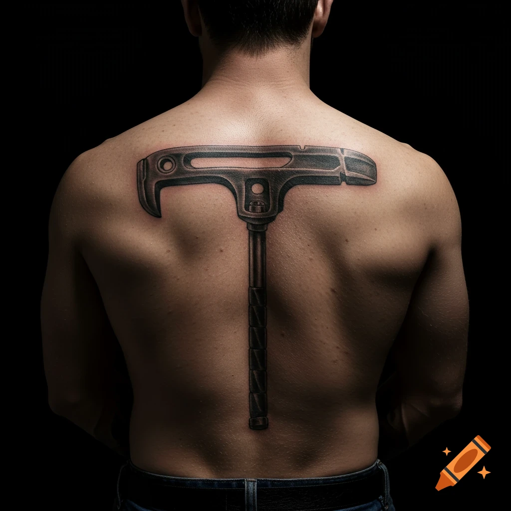 Tattoo of a Haligan bar tool on a man's back