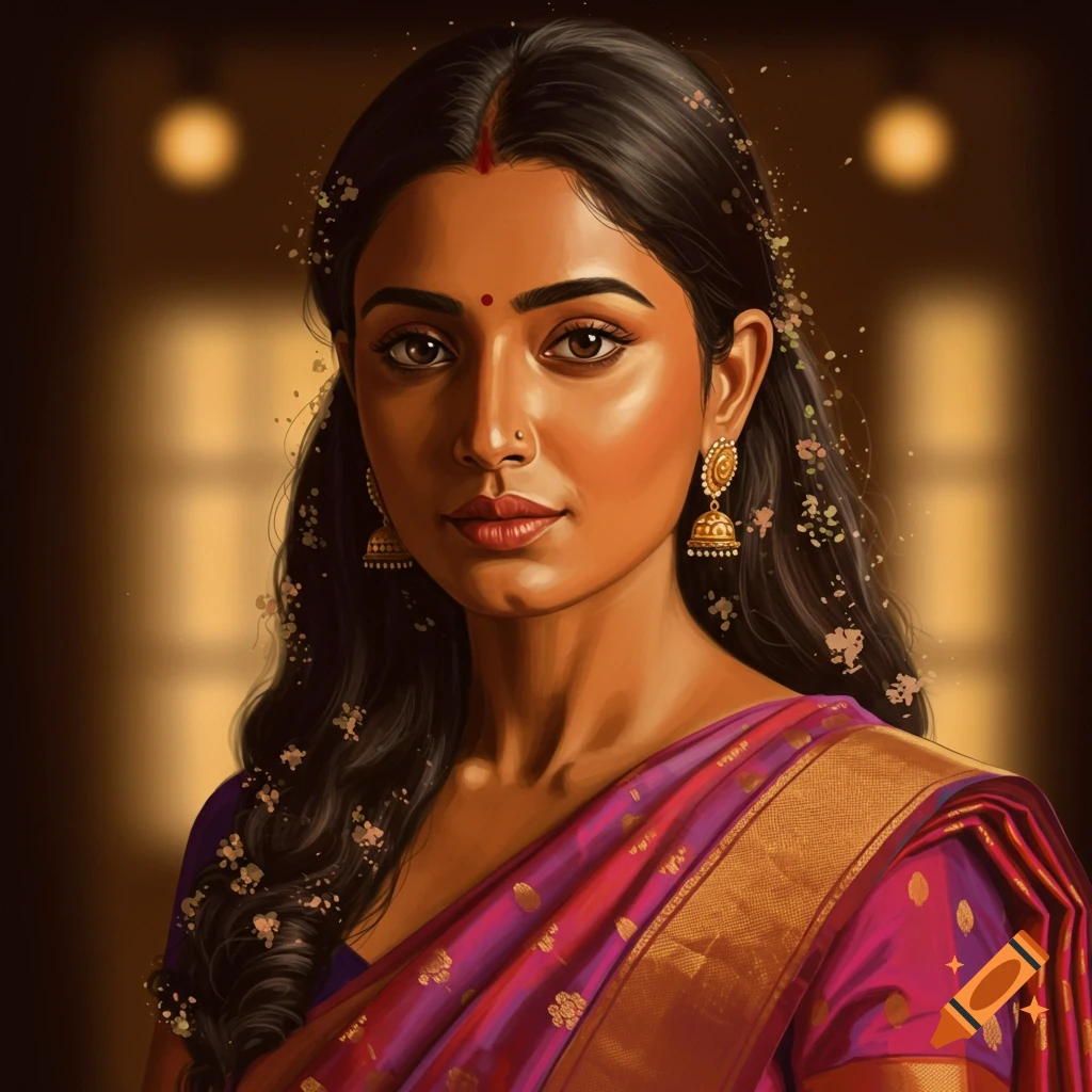 Portrait of a young Indian woman in a purple and gold sari and gold earrings.