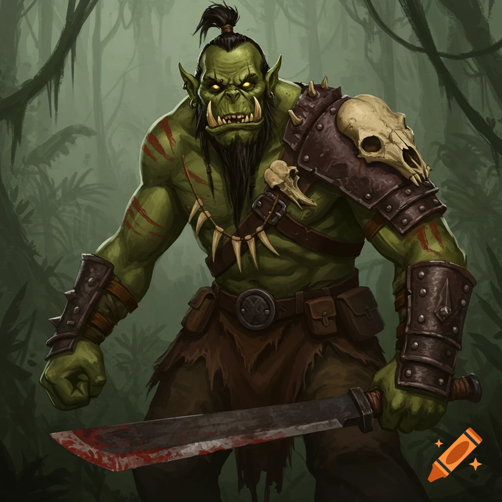 An orc with tribal tattoos, armor, and a bloody sword, standing in a jungle.