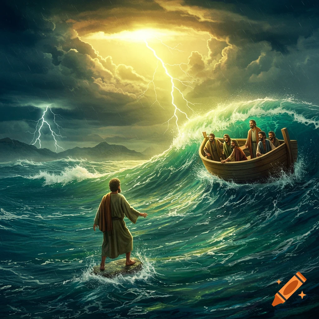 men in a boat on a stormy sea with lightning, and a man standing on a rock in the water.