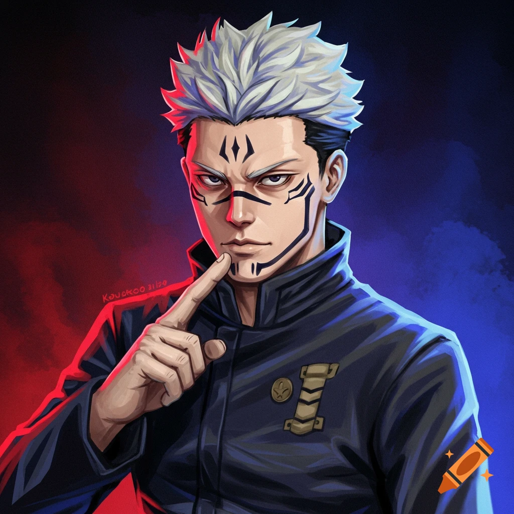 An anime character with white hair and face markings is pointing at his chin.