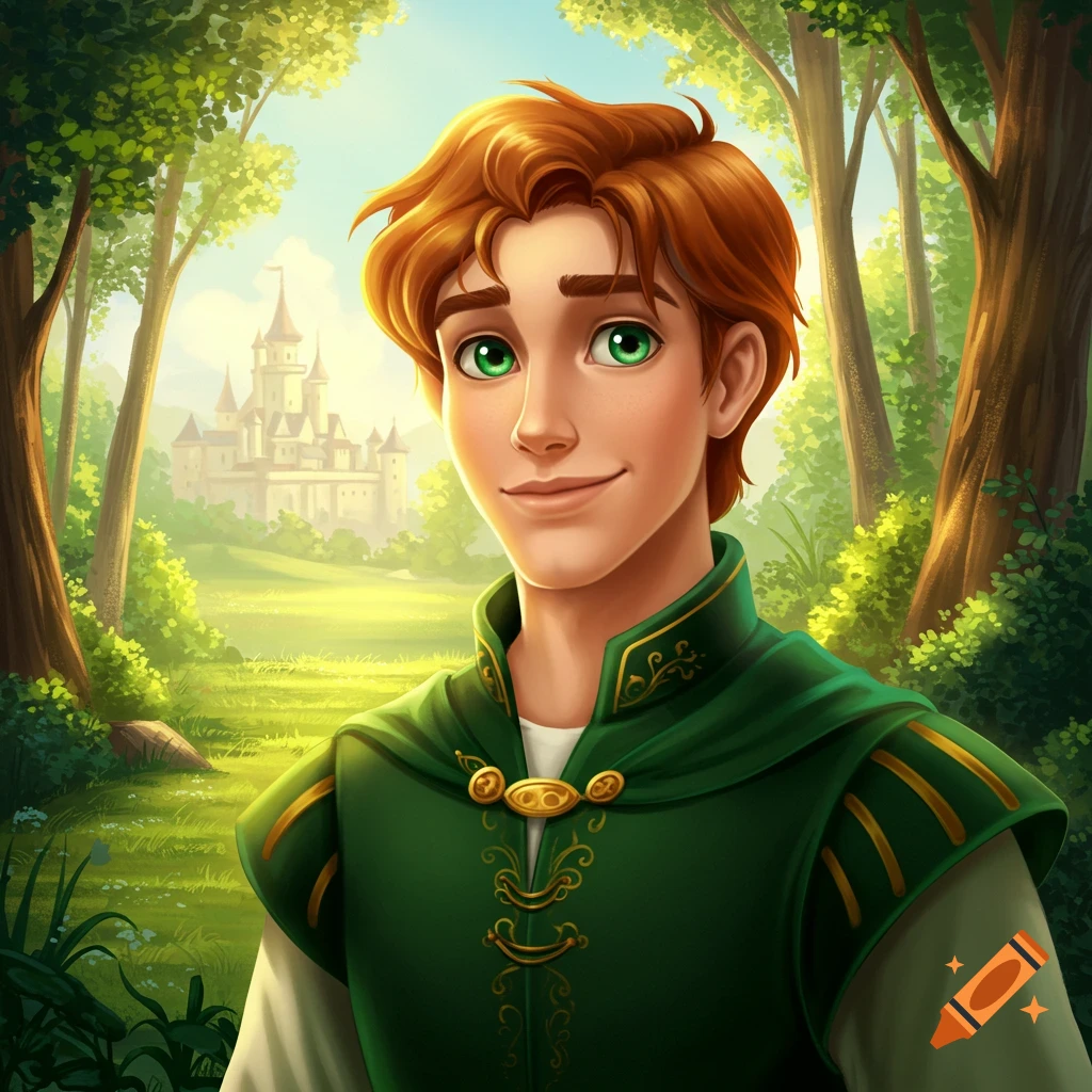A young man in a green cape is standing in a forest. In the background, a castle is visible.