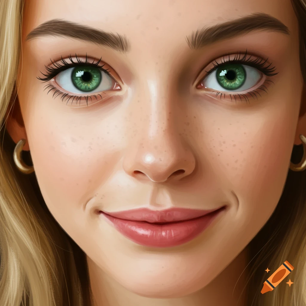 Close-up of a young woman's face with green eyes, freckles, and a slight smile.