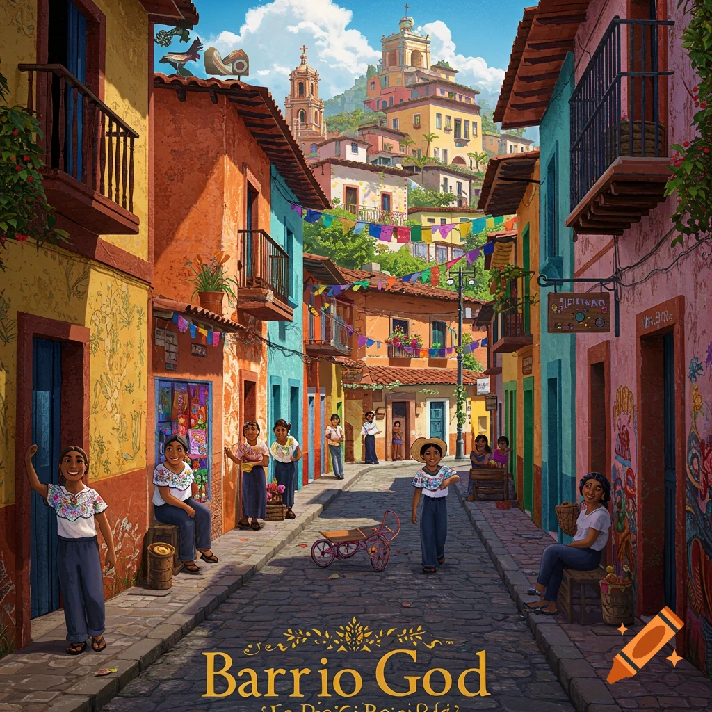 A vibrant street scene in a town with colorful buildings and people.
