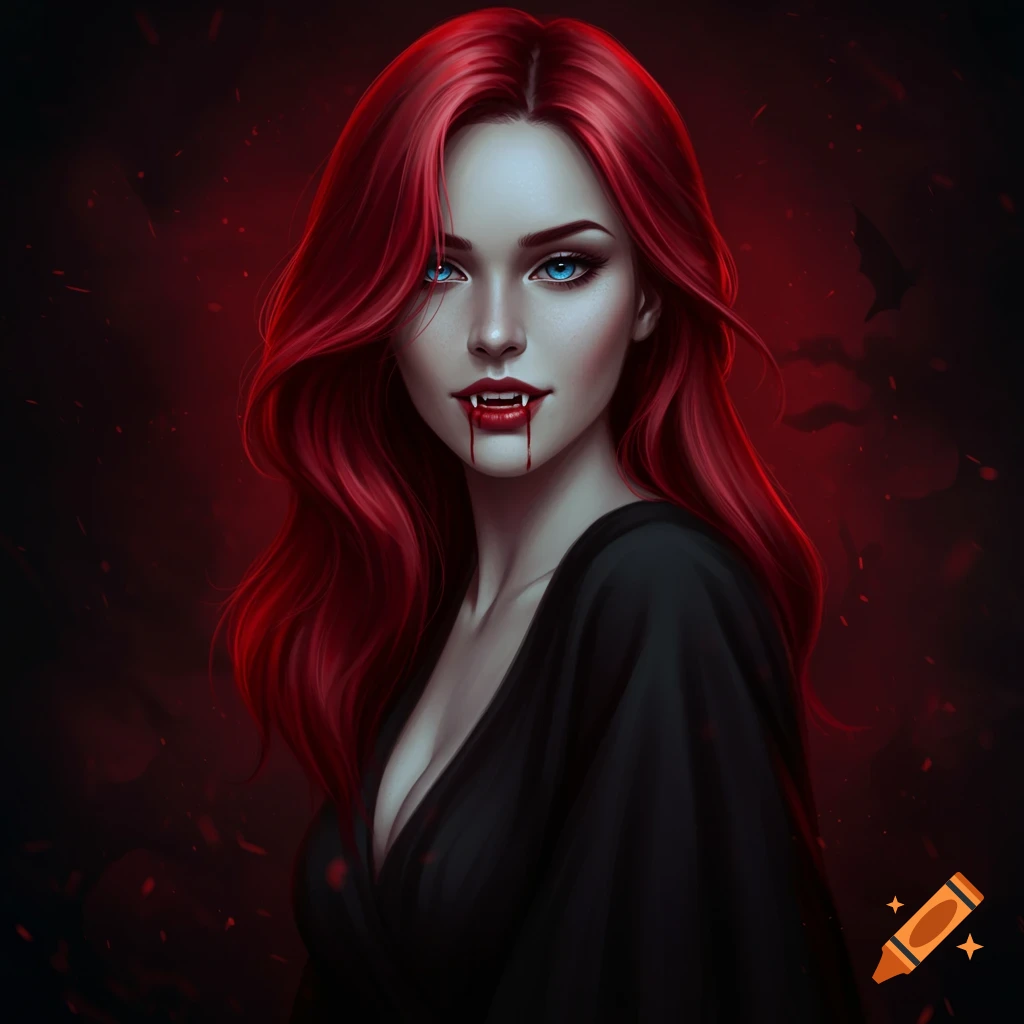 A gothic female vampire with red hair, blue eyes, and blood on her mouth, against a dark red background.