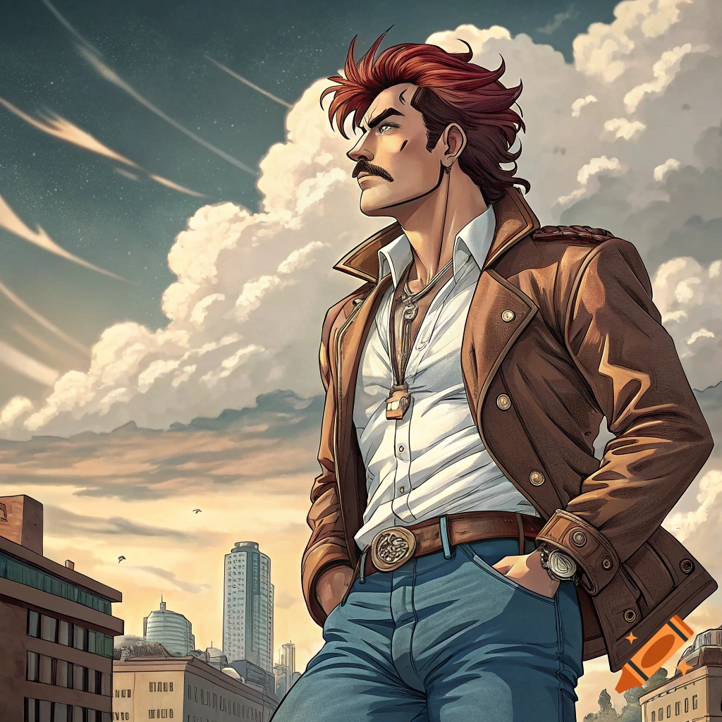Anime man with red hair and mustache in a brown jacket looking away in a city with cloudy sky.