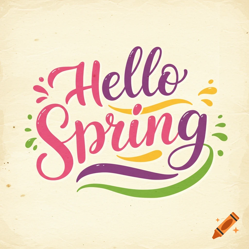 Decorative text art reading Hello Spring in pink, purple, yellow, and green on a textured background.