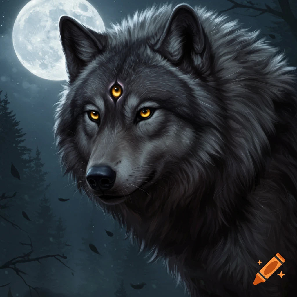 A black wolf with three glowing orange eyes stands under a full moon in a dark forest.