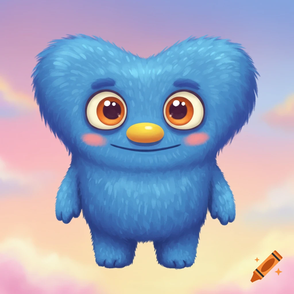 A cute blue furry monster with a heart-shaped head, yellow nose, and and big orange eyes.