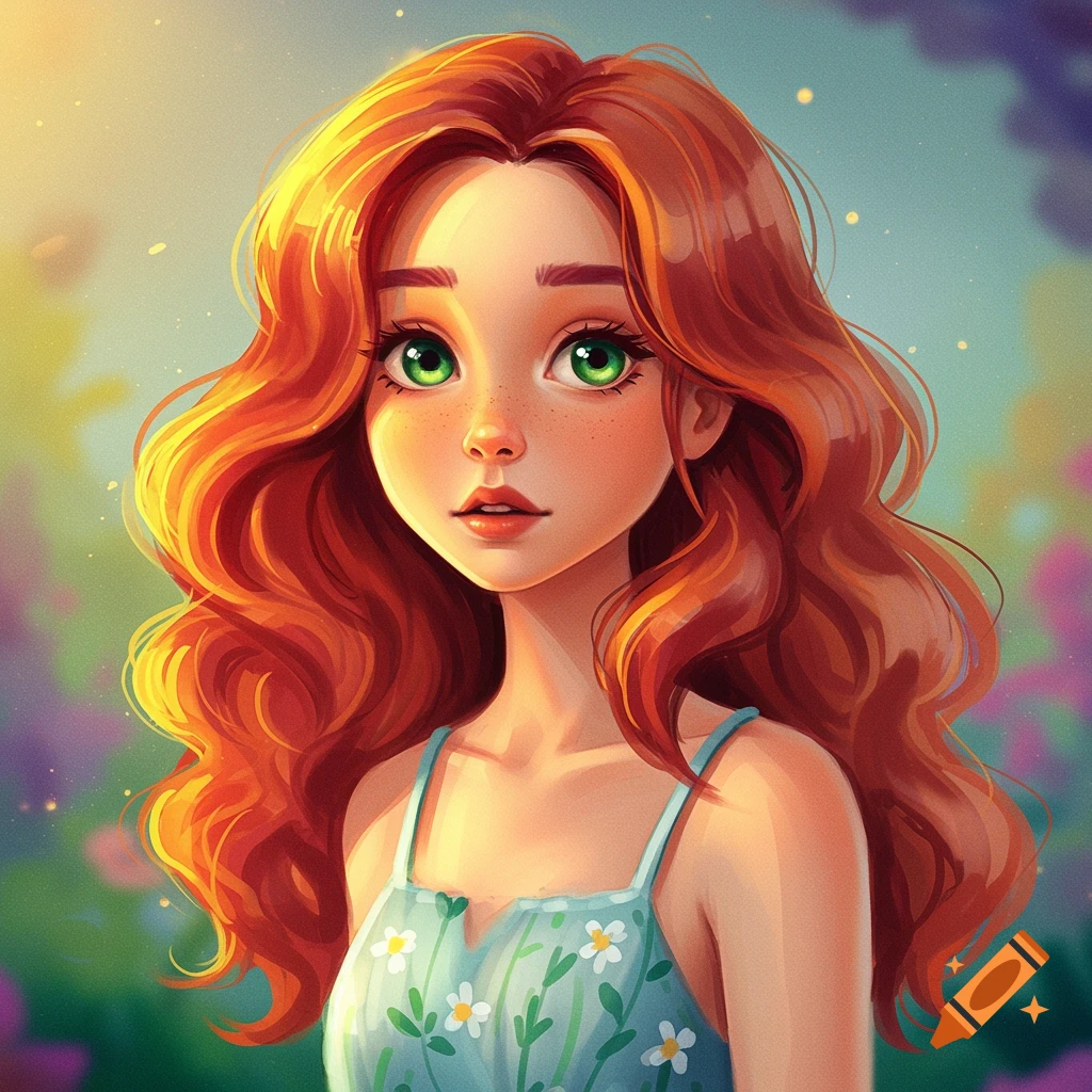 A girl with red hair and green eyes in a meadow.