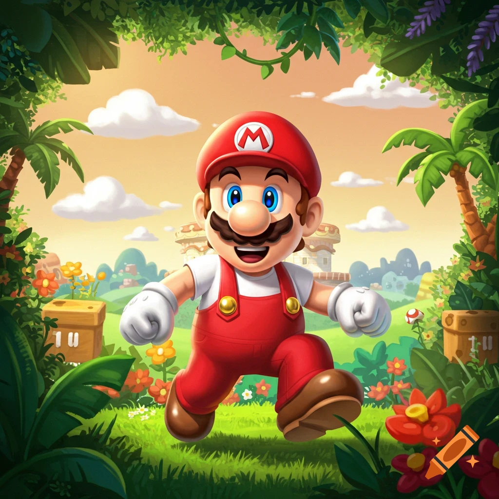 Mario is running through a vibrant jungle level with blocks and plants.
