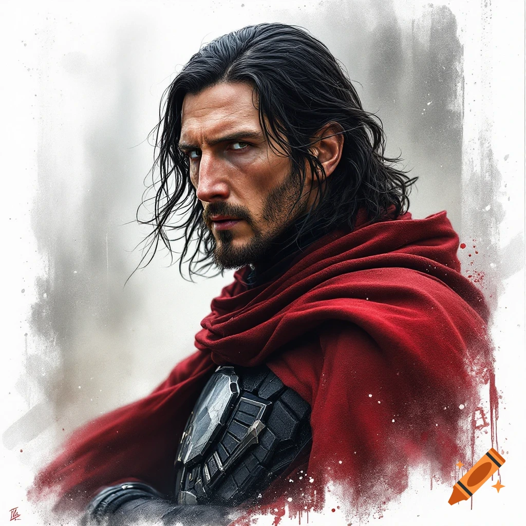A portrait of a man resembling Adam Driver with long dark hair and beard, wearing a red cape and dark armor, looking intently at the viewer. Stylized with brushstroke effects.