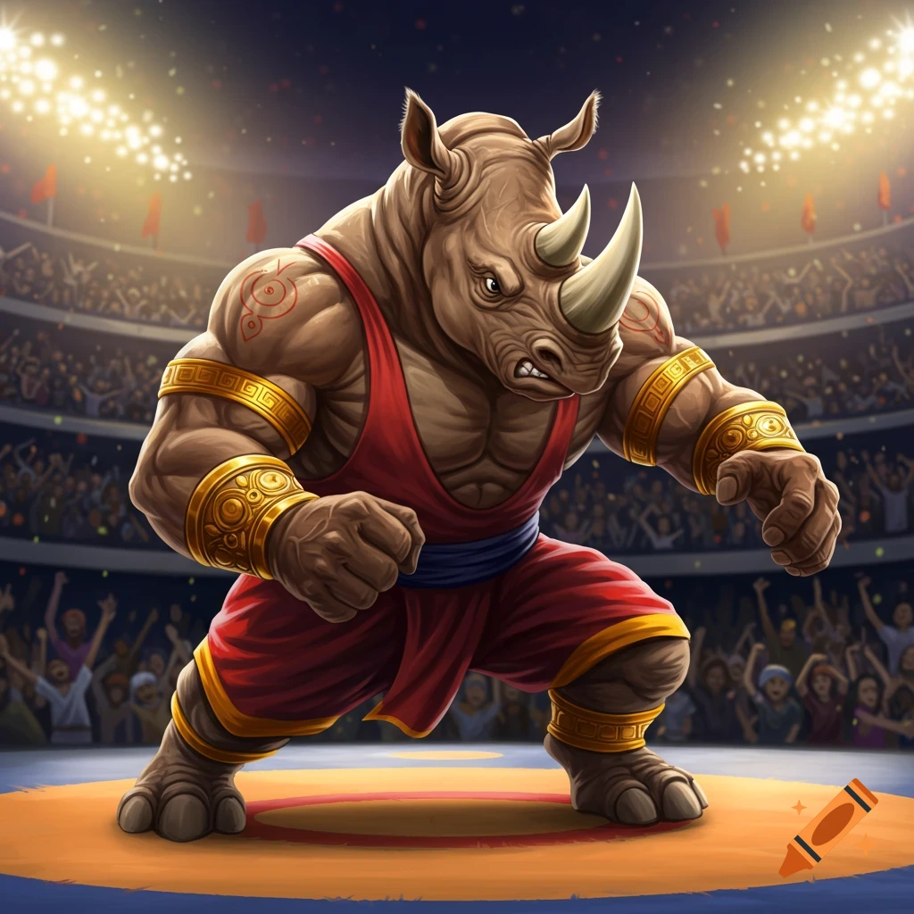 A large anthropomorphic rhino wrestler in a red singlet stands in a wrestling ring.