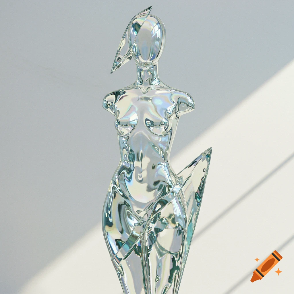 Iridescent glass sculpture of a stylized female form with a pointed headpiece.