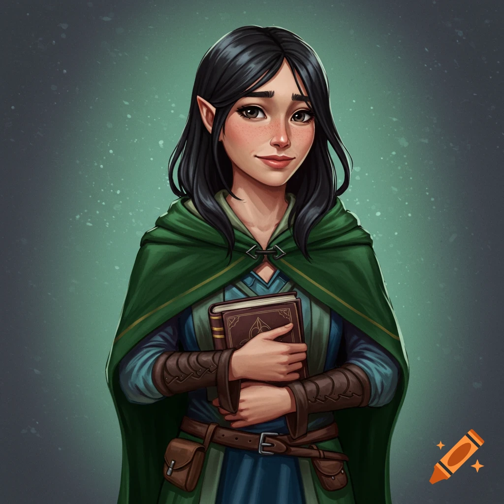 A female fantasy character with elf ears and a green hooded robe holding a book.