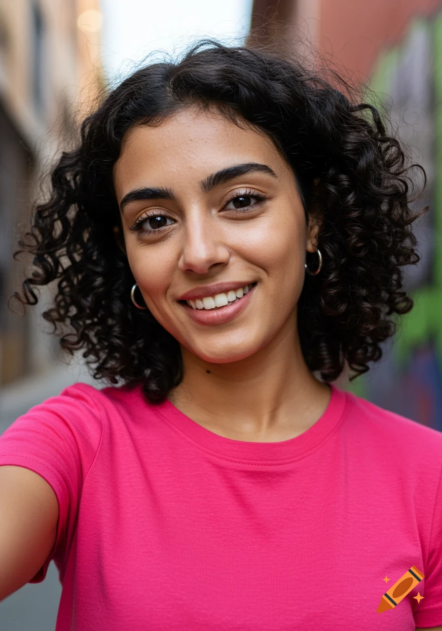 Close-up photorealistic portrait of a smiling woman with curly dark hair and a pink shirt
