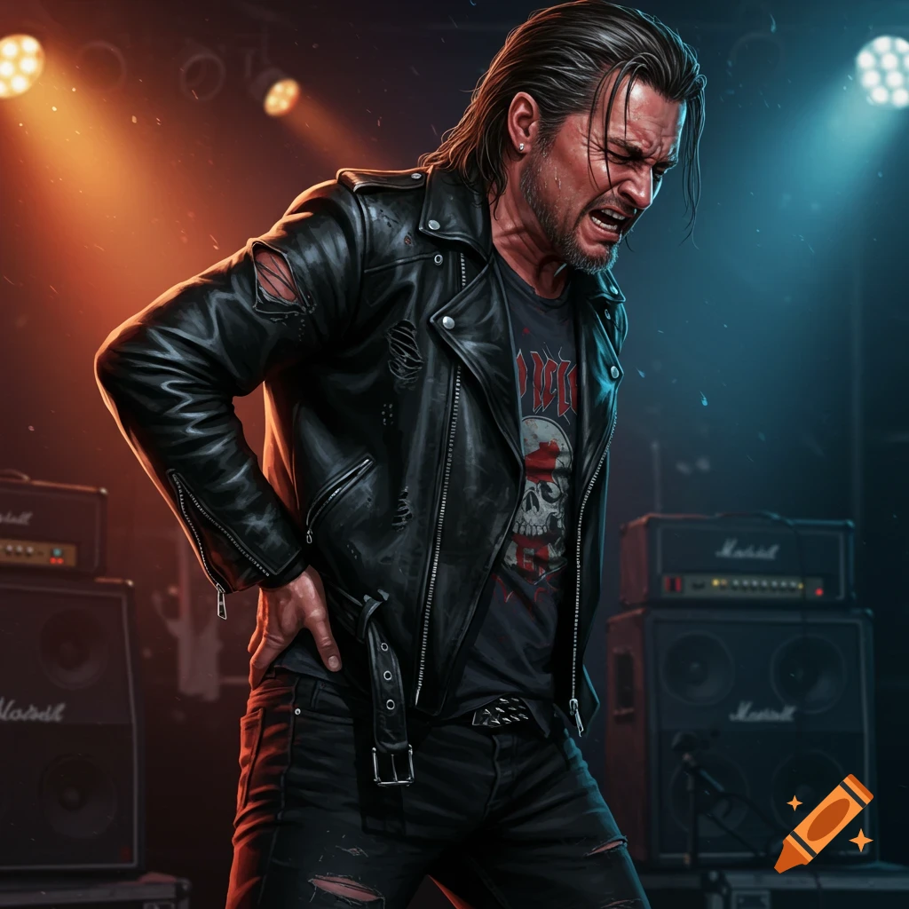 A heavy metal rocker on stage clutches his back in pain.