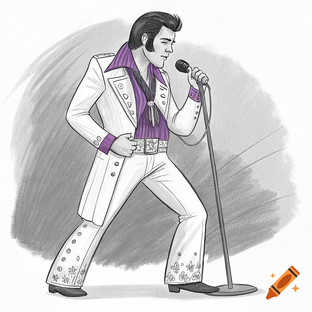 Black and white sketch of Elvis singing into a microphone