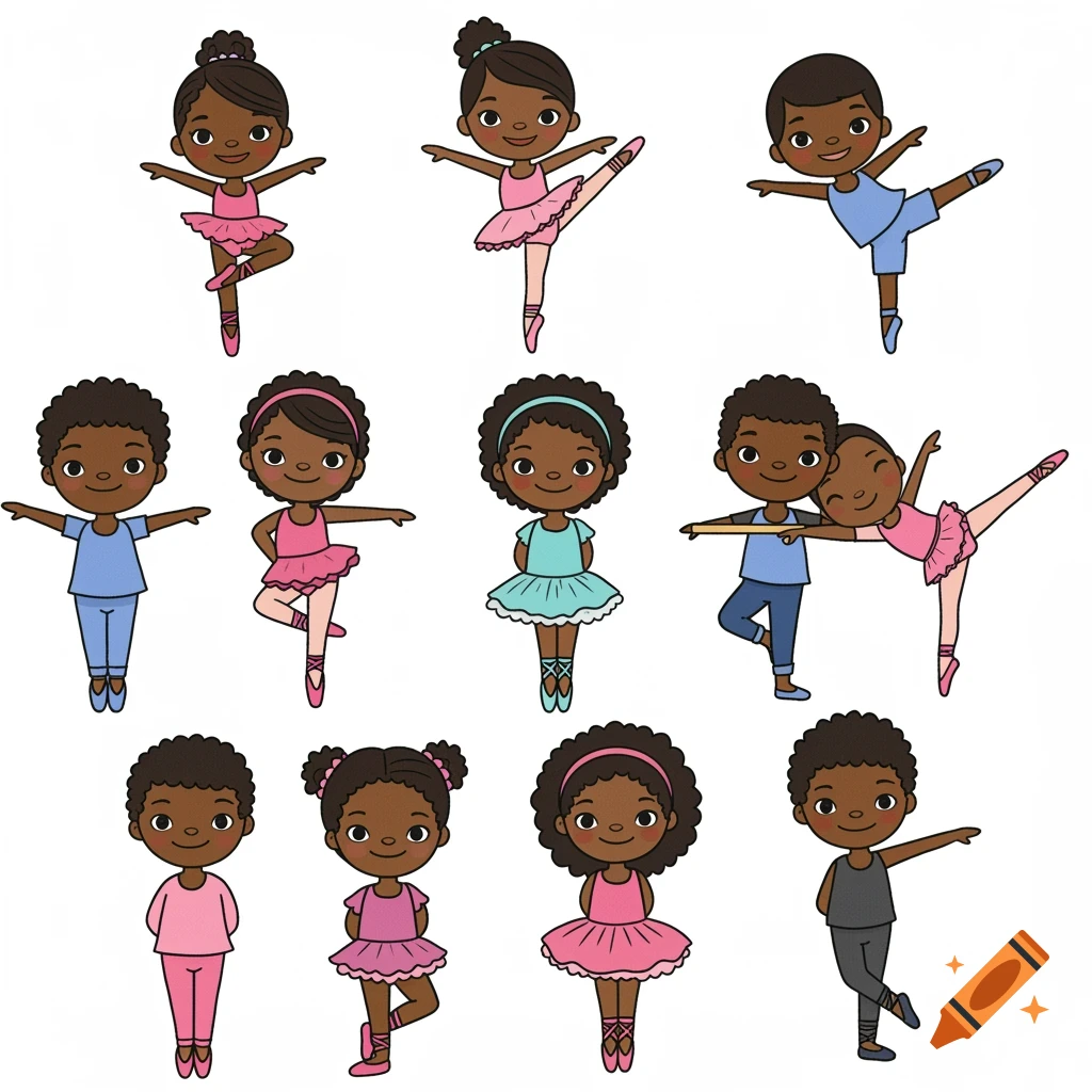 Cartoon clip art of Black children in various ballet poses
