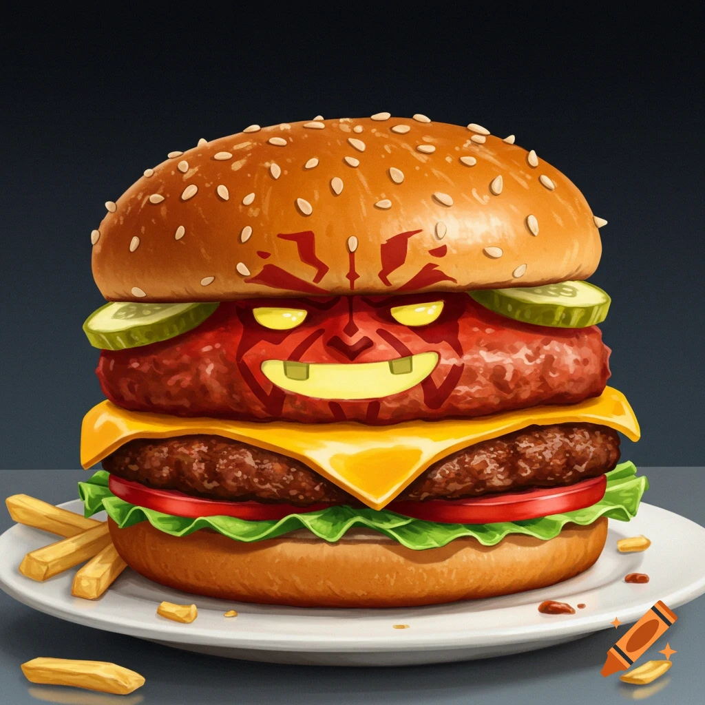 A hamburger with the face of Darth Maul, on a plate with french fries.