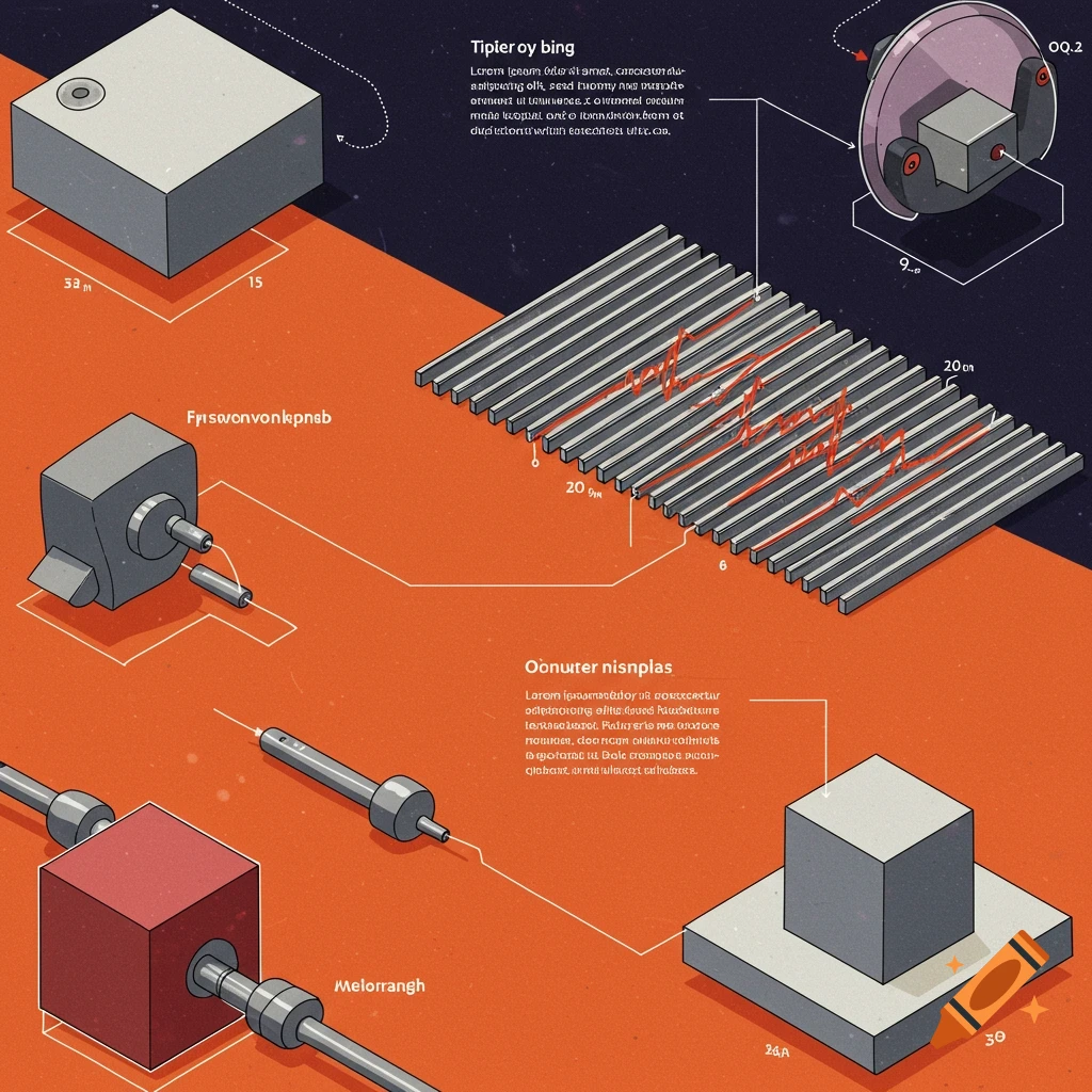 Isometric technical illustration showing various components, diagrams, and labels on an orange and dark background.