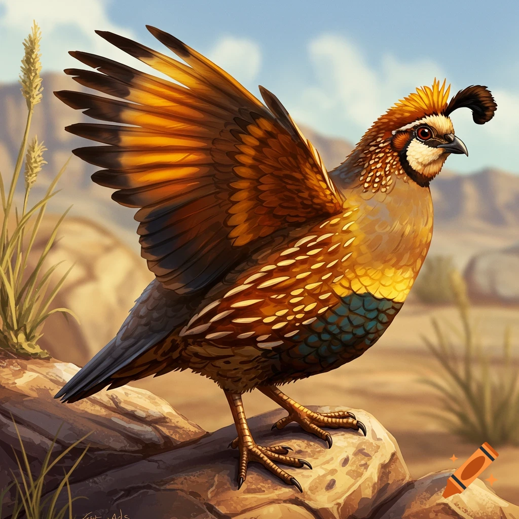 A quail with spread wings stands on a rock in a desert landscape.