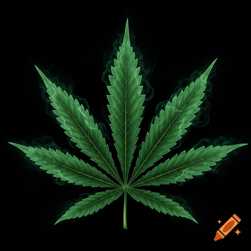 A green marijuana leaf is surrounded by smoke on a black background.