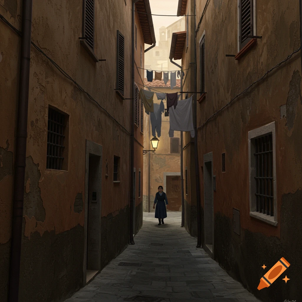A person walks down a narrow, dark stucco alleyway with laundry hanging overhead.