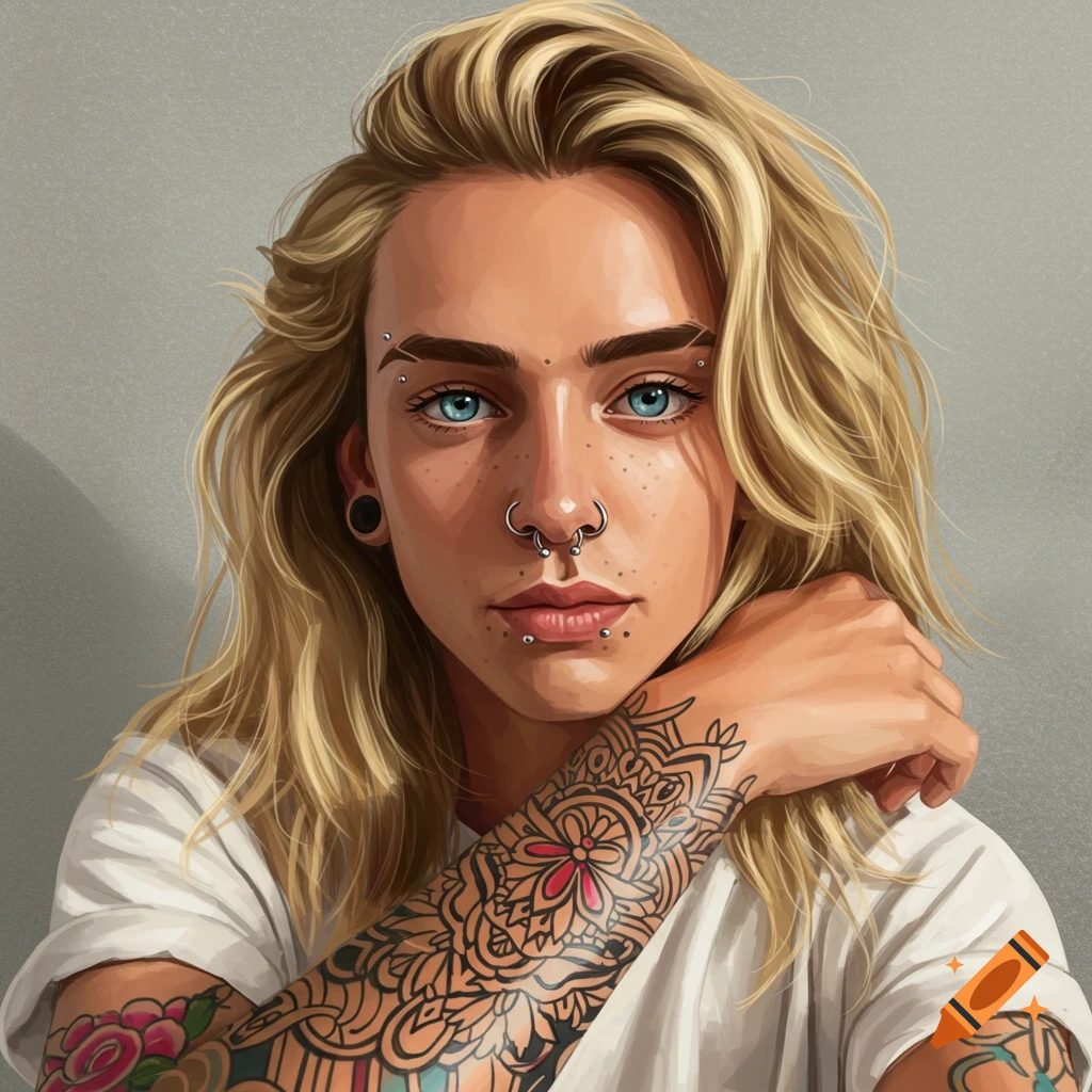 Portrait of a person with blonde hair, blue eyes, piercings, and tattoos.
