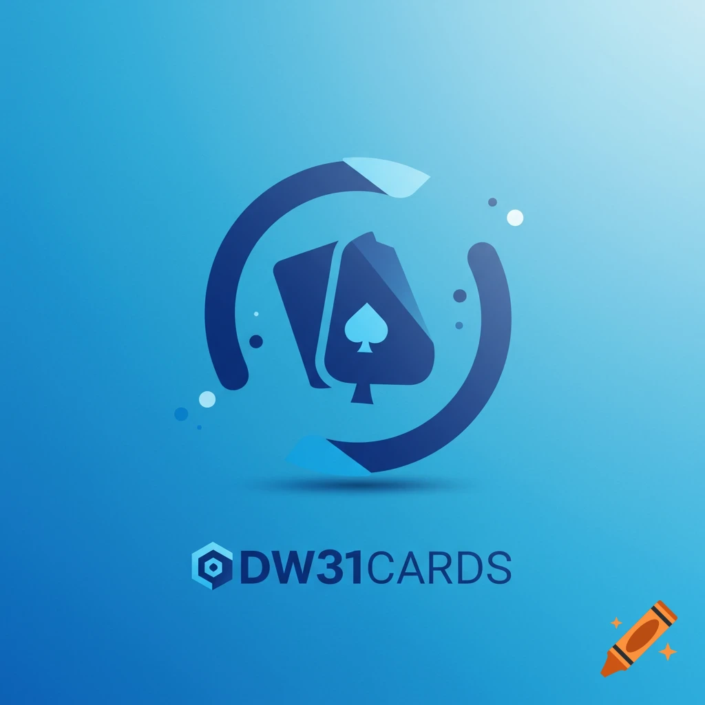 Logo design featuring a dark blue spade playing card inside a circular arrow graphic, with the text DW31CARDS below on a blue background.