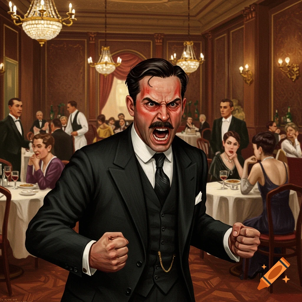 A furious man in a suit shouts in a fancy 1920s restaurant with other patrons.