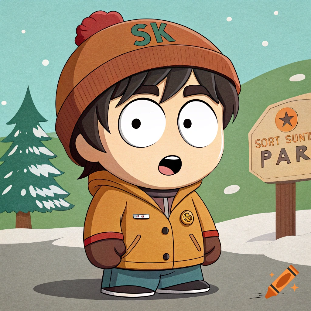 South Park style cartoon character in a winter park setting.