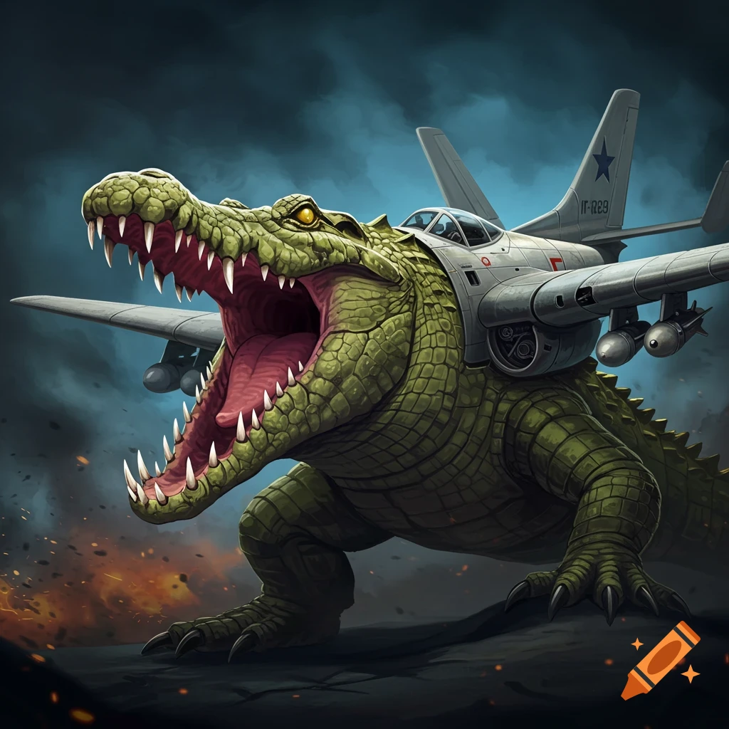 A large crocodile with a military jet fuselage on its back stands in a battle scene.