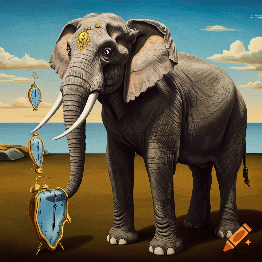 A surreal painting of an elephant standing in a landscape with melting clocks, in the style of Salvador Dali.