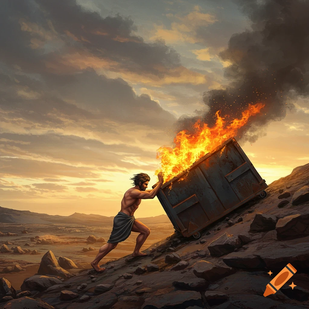 A muscular man pushes a burning dumpster up a rocky hill at sunset.