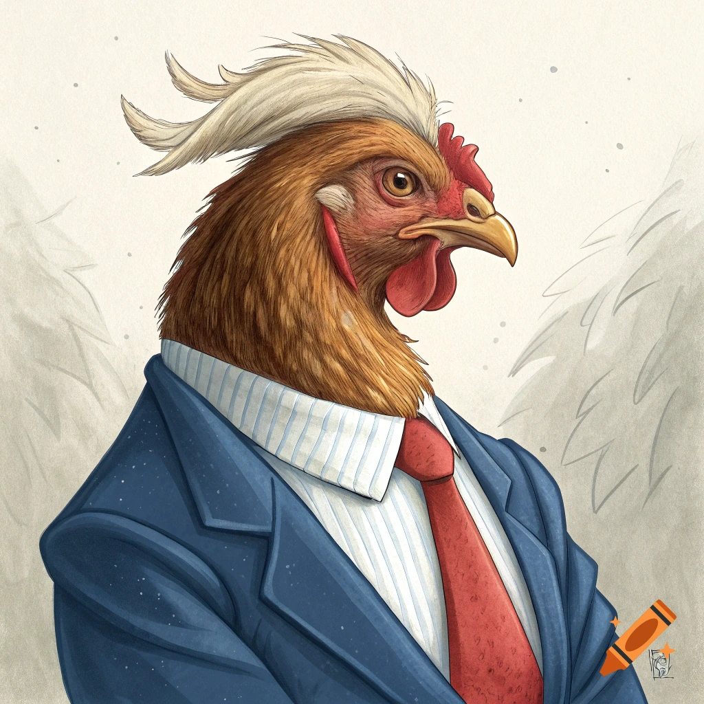 Illustration of a chicken with white and blonde hair wearing a blue suit and red tie.