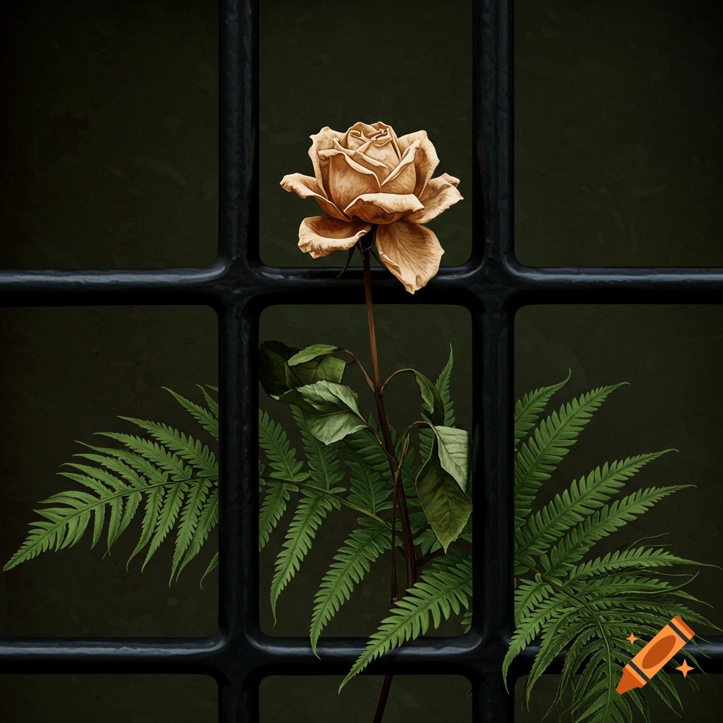 A withered rose and ferns are seen behind black window bars.
