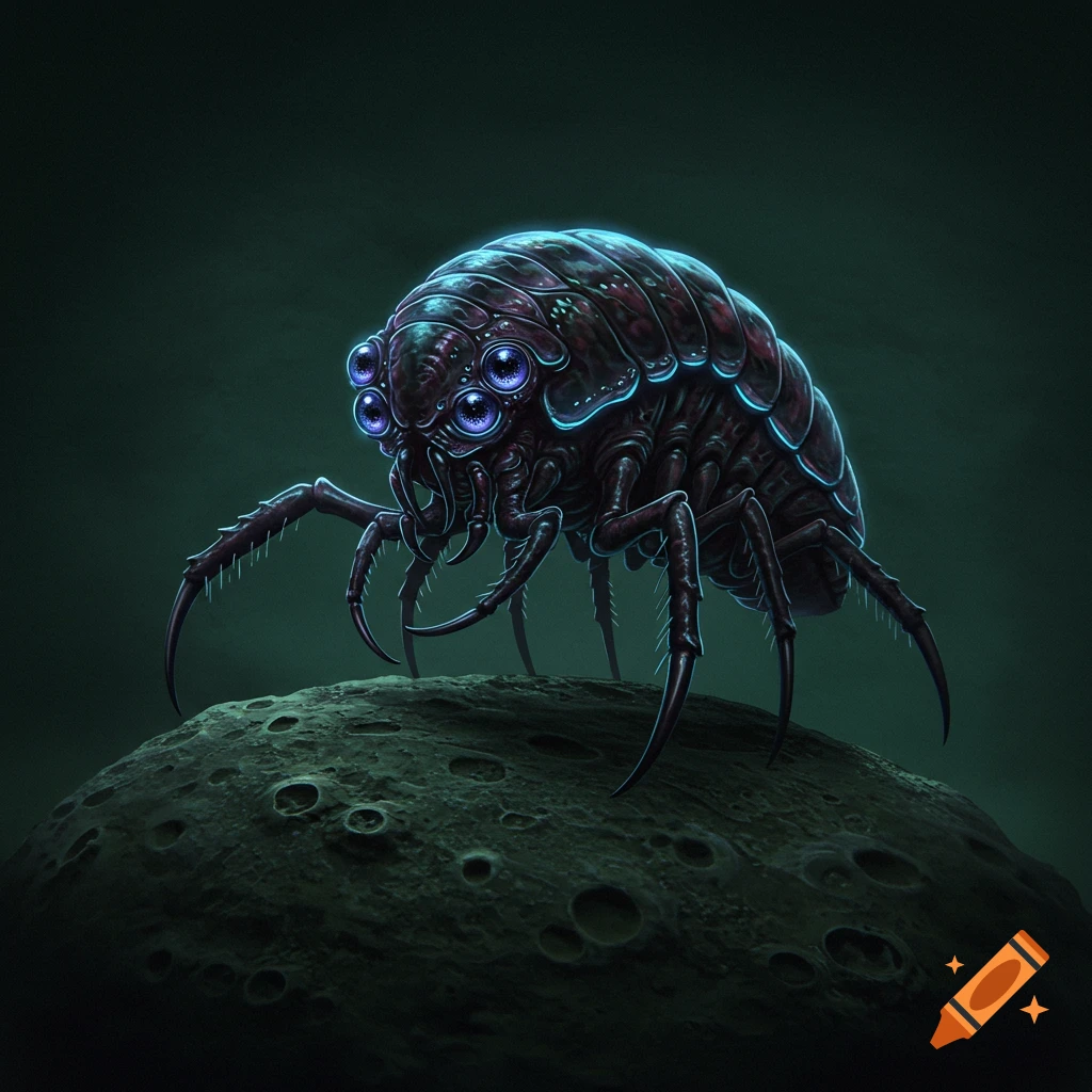 A multi-eyed alien creature on a dark, bumpy planet.