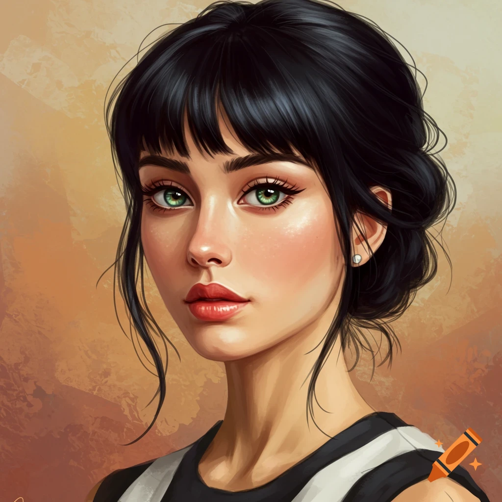 A woman with dark hair pulled back, fringe bangs, and green eyes.