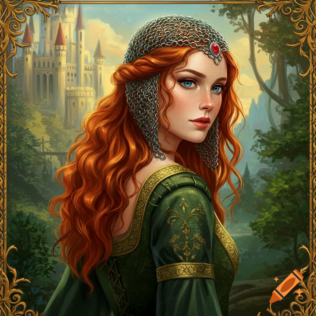 A woman with red hair wears a chainmail coif and a medieval dress, standing in front of a castle.