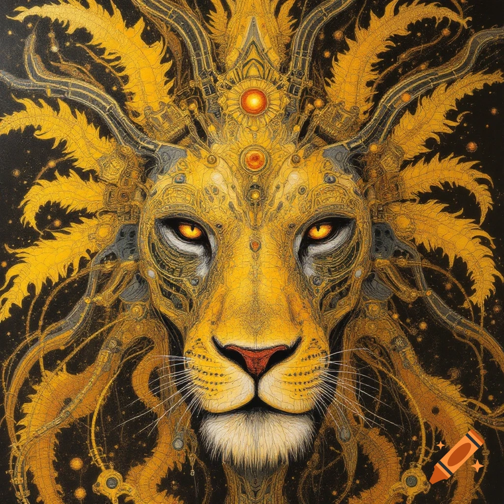 Close-up portrait of a golden futuristic cyborg lion head with intricate details and glowing orange eyes.